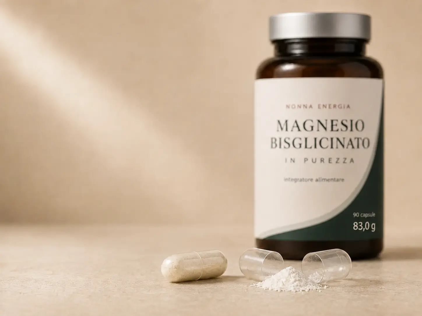 Capsule vegetali aperte con polvere chiara e flacone di magnesio sullo sfondo
